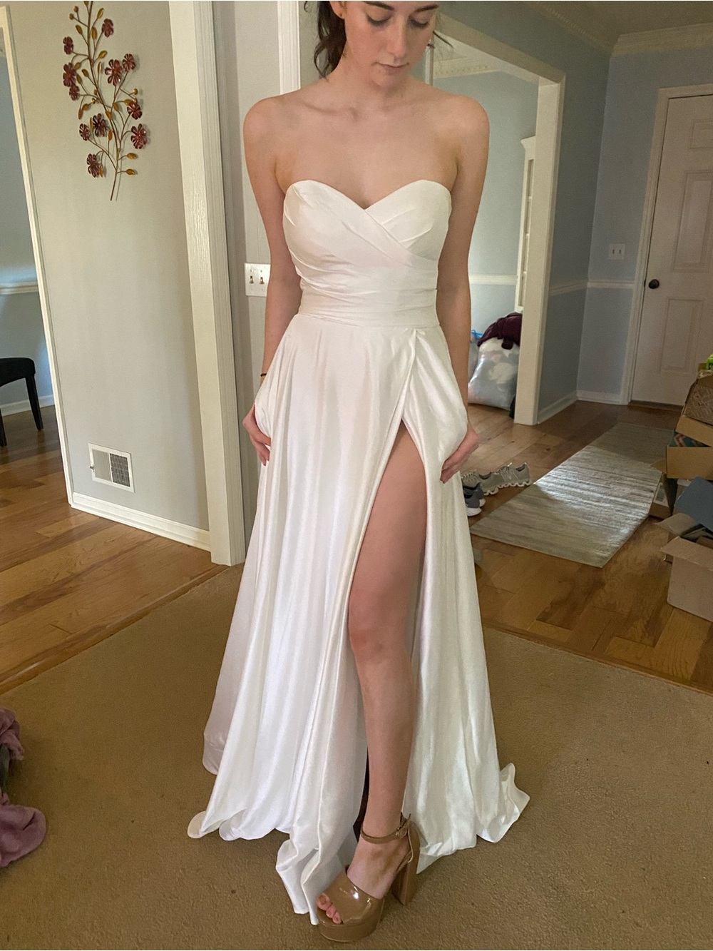 La Femme White Strapless Evening Gown with High Slit